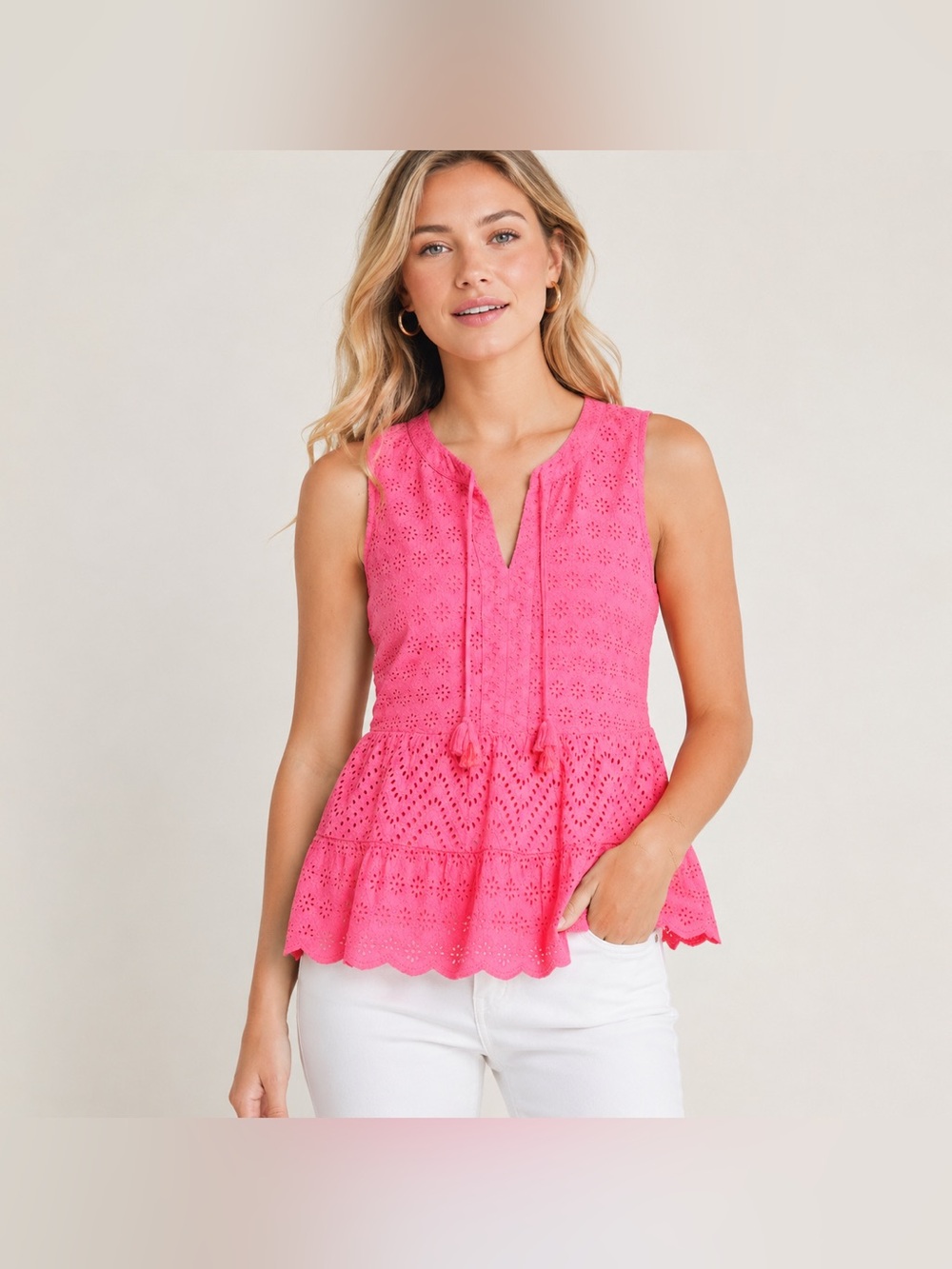 Vineyard Vines Pink Cotton Eyelet Tiered Sleeveless Top Tassels Size Small 1119